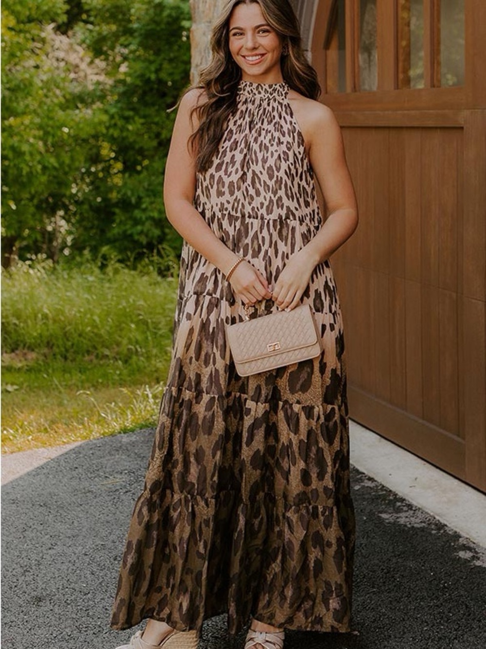 NWT Impressions Leopard Halter Tiered Maxi Dress - Brown - Picture 2 of 8